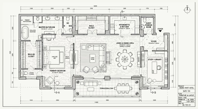 Detailed architectural floor plan of a large luxury hotel suite with multiple rooms and amenities