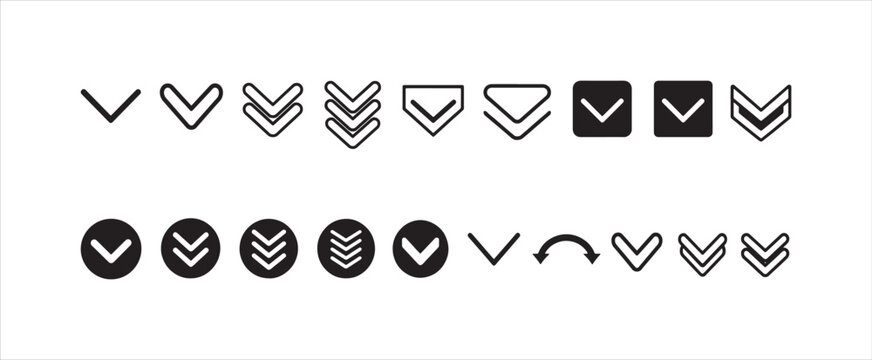 Double arrow down icon collection for fast scrolling and download interface elements on transparent. Transparent vector icons