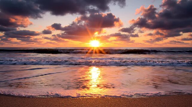 Cinematic wide angle shot of a beautiful ocean sunrise with gentle waves washing ashore on a golden sandy beach.