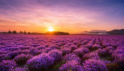 Obraz premium A Vibrant Field Of Purple Flowers Stretching Toward A Horizon Painted By A Gorgeous Sunrise With Pink And Orange Hues