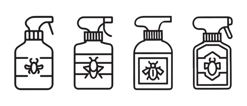 Set of insecticide spray bottle icons featuring pest control symbols in a clean minimalist line style.