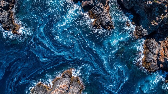 Swirling deep blue ocean currents crash against jagged rock formations in a coastal cove