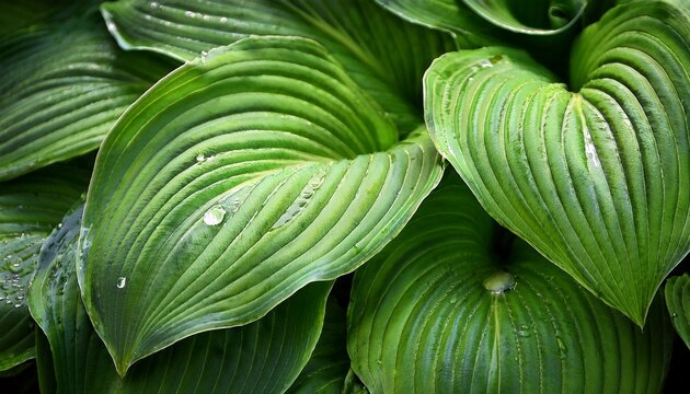 Large Green Hosta Leaves With Ribbed Texture And Water Droplets