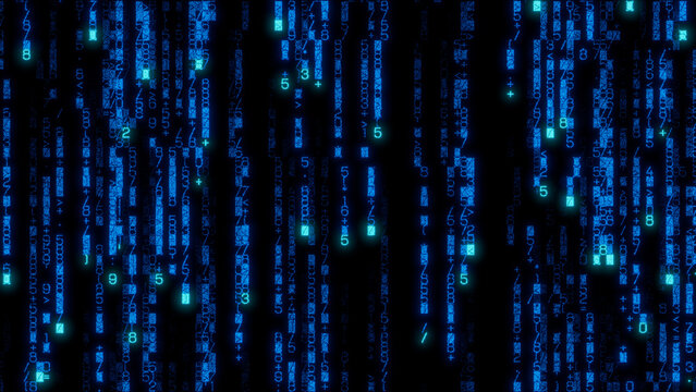 Intricate abstract digital design featuring a dense arrangement of bright blue lines and numbers on a black background, ideal for technology themes, data visualization, and modern graphic projects