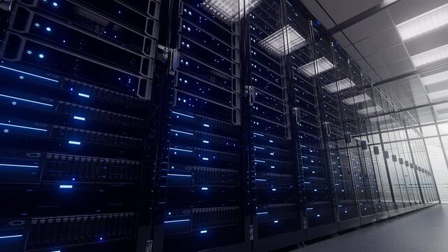 Rows of servers glow blue in data center. Cool lights reflect off polished metal surfaces. Modern tech hums quietly under glass panels. Rows stretch deep into the server room's length
