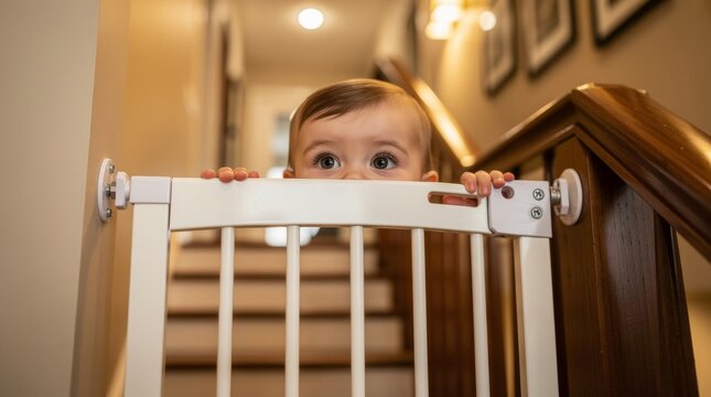 Curious baby peeking over a safety gate on stairs