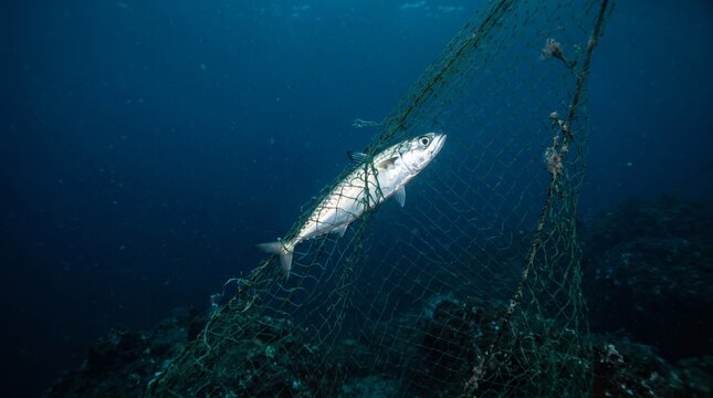 Fish entangled in discarded fishing net underwater ocean pollution.