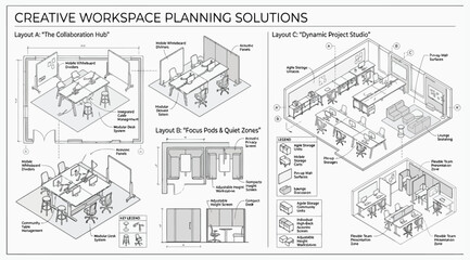 Obraz premium Creative workspace planning solutions featuring collaboration hubs and quiet zones