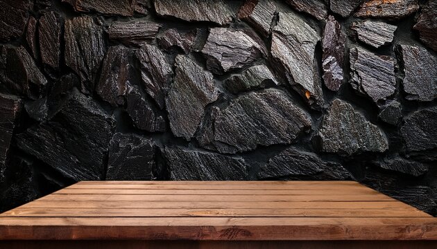 Wooden Table Or Counter Top With Black Stone Wall Background