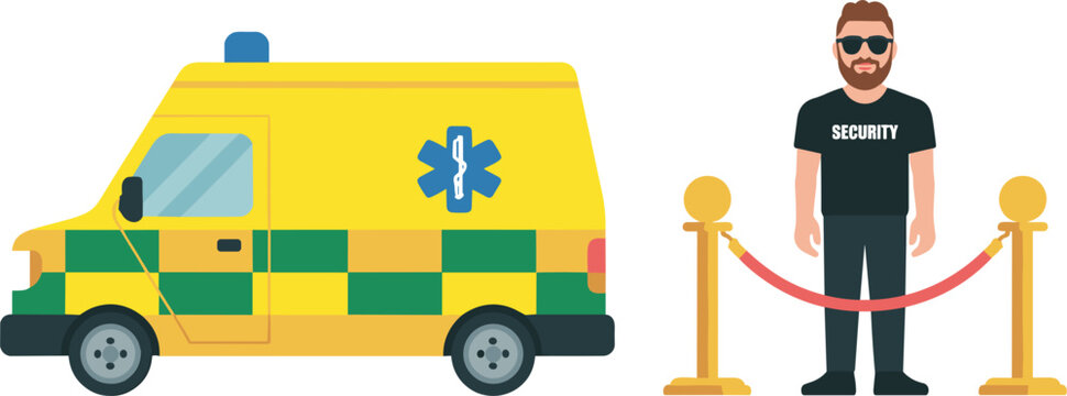  Emergency ambulance vehicle and male security guard standing behind velvet stanchions vector flat illustration isolated on white background for event safety