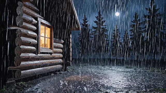 Cinematic wide shot of a rustic wooden log cabin at night during a heavy downpour rain with a glowing warm window.