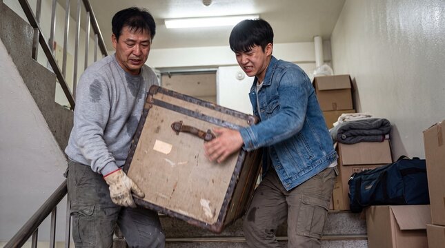 Father and son struggle to move heavy trunk up stairwell