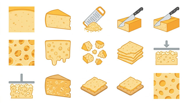 Collection of cheese illustrations showing different types and preparations.
