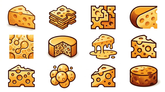 Collection of various cheese types and shapes with holes.