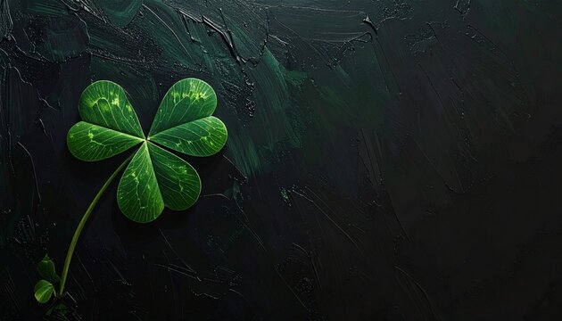Lucky four leaf clover with morning dew on dark rustic surface symbol of good luck and fortune st patricks lucky charm