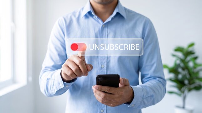 Professional man in a blue shirt presses an interactive virtual unsubscribe button on a smartphone screen