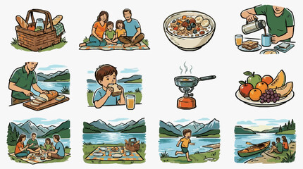 Colorful flat illustration of various seafood and fish. © Syuli