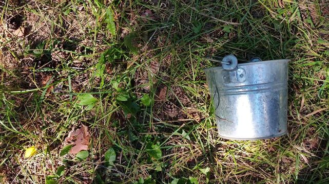 Old galvanized bucket lies on grass in a country garden, rustic outdoor object, gardening equipment, countryside lifestyle, summer season.