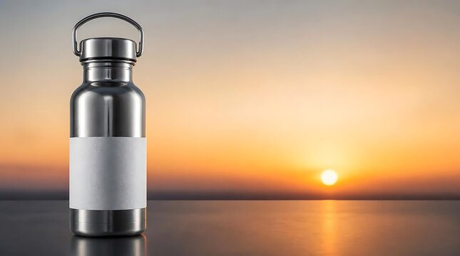 A silver metal insulated flask with a handle sits on a reflective surface against a serene sunset over the ocean.