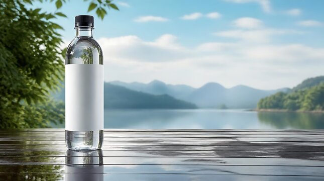 A clear glass water bottle stands on a wet wooden table overlooking a serene lake with mountains in the background under a blue sky.