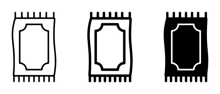 Carpet Icons, Rug Symbols, Floor Covering Graphics. Set of 3 vector illustrations: outline, filled outline, and solid black carpet designs with fringe detail, suitable for home decor