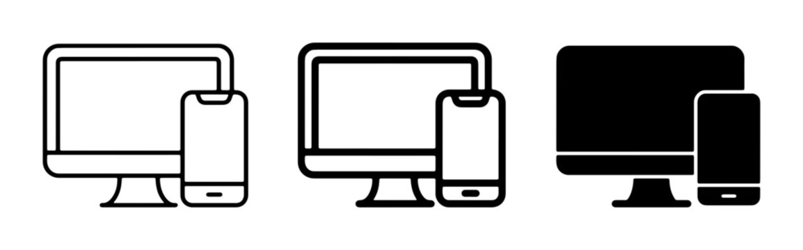 Responsive Design Icons: Desktop, Tablet, and Mobile Device Set, Black and White Line Art and Solid Fill Vector Graphics for Web and App Development