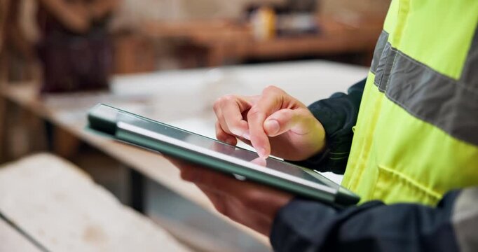 Hands, architect and scroll tablet at construction site for building development, inspection or design. Tech, person and engineering review, digital schematic and architecture evaluation with info