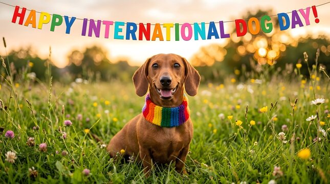 happy international dog day celebration banner with a cute dachshund wearing a rainbow scarf sitting in a sunny wildflower meadow