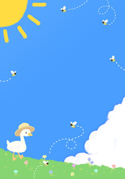 summer background template in JPEG with vibrant blue sky and grass land, cute duck wearing hat, for banners, cards, flyers, poster, social media wallpapers, etc.
