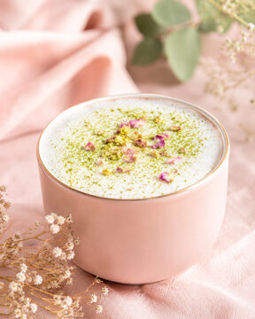 Pink Pistachio Rose Latte with Dried Rose Petals and Baby's Breath Flowers, Valentine Drink