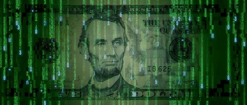 Digital Currency Concept with Five Dollar Bill made from Animated Code. Cryptocurrency Finance Background.