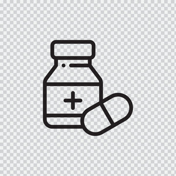 Medicine bottle and pill icon black line art on a transparent background for healthcare visuals