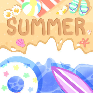 Summer Cartoon Beach Theme Background JPEG. Suitable for Card, Holiday, Party, Poster, Wallpaper.