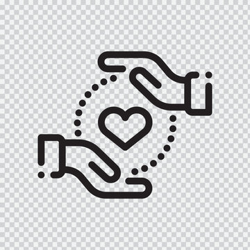 Hands holding heart icon black line art with transparent background for digital interface care