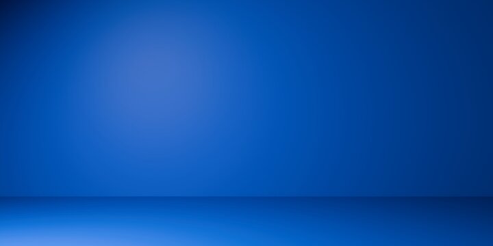 Clean blue studio room background with soft gradient light on the wall and empty floor space for product presentation mockup.