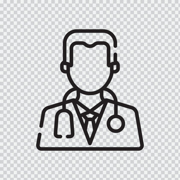 Line art doctor icon with stethoscope and headset on transparent background for medical communication