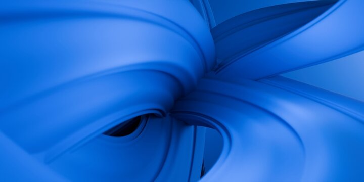 Abstract blue background with 3D fluid twisted ribbons and dynamic glossy waves creating a premium modern high-tech visual design.