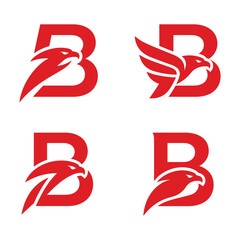 Set of letter b logo designs with eagle head mascot, bold red typography combined with bird of prey silhouette © MD