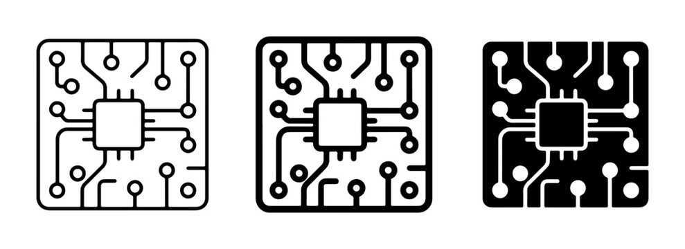 Microchip Circuit Board Icons, Computer Processor Chip Graphics, Digital Technology Symbols, Electronic Components Vector Set