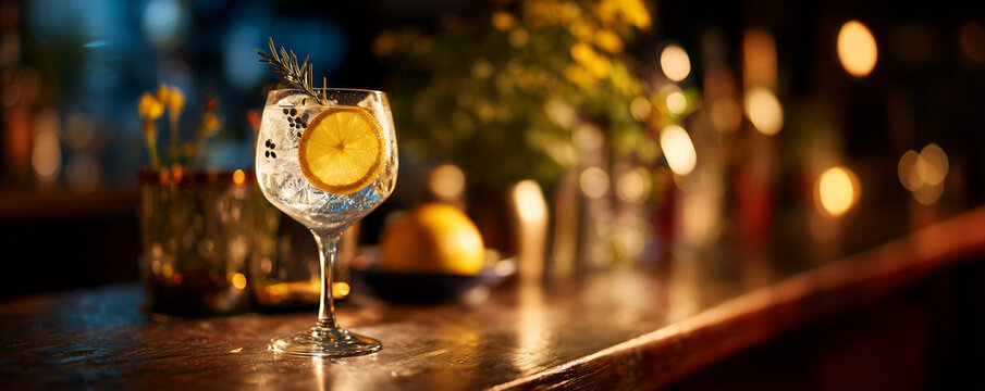 Cocktail glass with citrus inside at a bar during evening mood