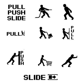 Action verbs pull push slide text and human stick figure silhouette set