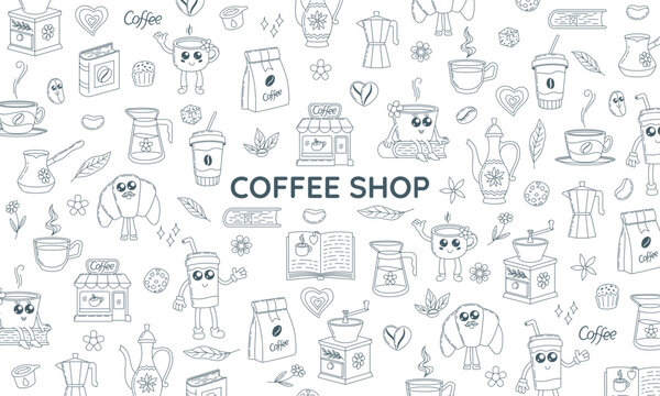 Hand drawn coffee shop doodle banner. Sketch illustration of croissant, donut, cake, books for cafe menu design. Black icons on white background