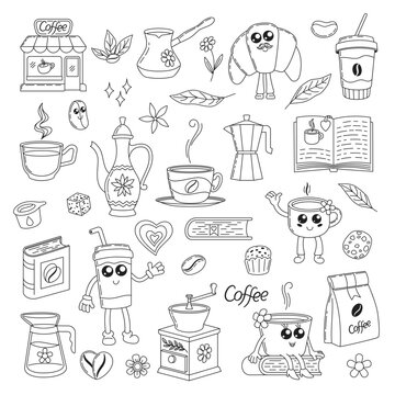 Coffee black and white set. Coffee mascot design signs. Tourist Bus, Dolphin, Boombox Speaker, Camera, Flowers etc. Vector icons collection
