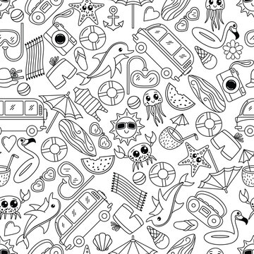 Summer Seamless Pattern. Black icons on white background. Dolphin, surf, sun, cocktail. Seamless Texture for Textile, Wallpapers, Backgrounds and Wrapping