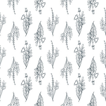 Bouquet of Poppies and lavender Floral Seamless Pattern. Decorative Ornament. Black and white Texture for Textile, Wallpapers, Backgrounds and Wrapping
