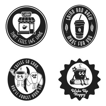 Coffee retro cartoon emblems with quotes. Four cartoon badges with slogans about coffee, Hand-drawn Black labels on white background