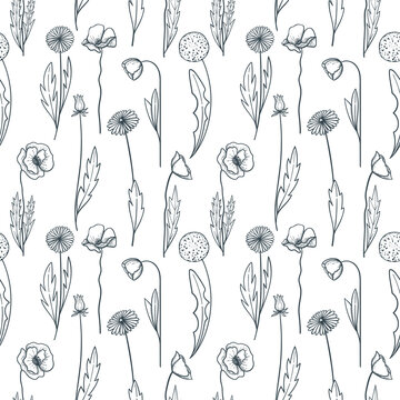 Black and white Seamless Floral Pattern. Poppy and Dandelion on white background. Decorative Ornament. Seamless Texture for Textile, Wallpapers, Backgrounds and Wrapping