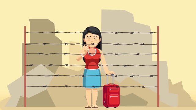 2D Animated Refugee Woman with Suitcase Standing in Front of Barbed Wire Fence, Border Control Migration Crisis Concept Flat Vector Style