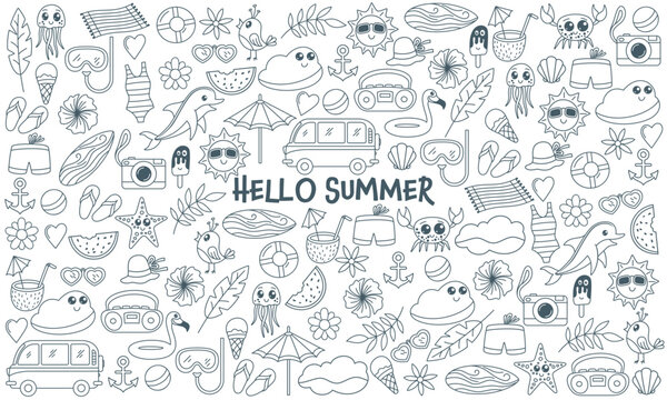 Hand drawn summer doodle banner. Design template with thin line icons on summer theme. Black icons on white background