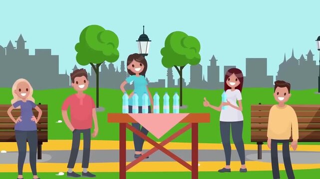 2D Animated Water Station for Marathon Runners, Volunteer Handing Plastic Bottles to Athletes in Park Street, Flat Vector Illustration
